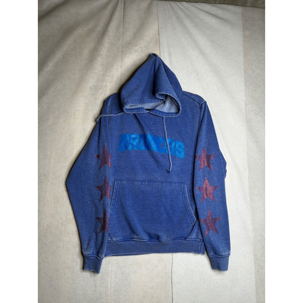 Chicka-d Broncos Blue Rhinestone‎ Star Sleeve Hoodie Sweatshirt Small